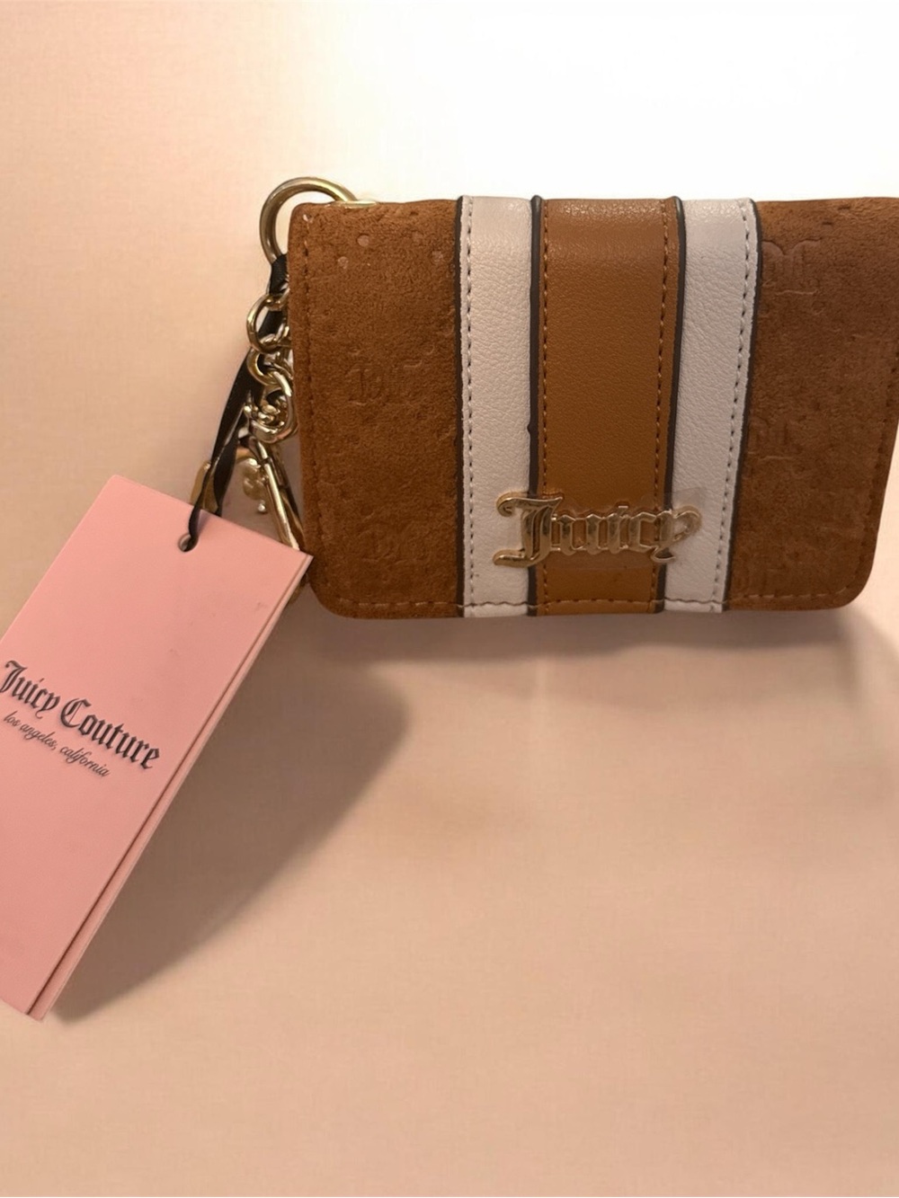 Juicy Couture Tan and White Suede Stripe Card & Key Holder with Gold Logo